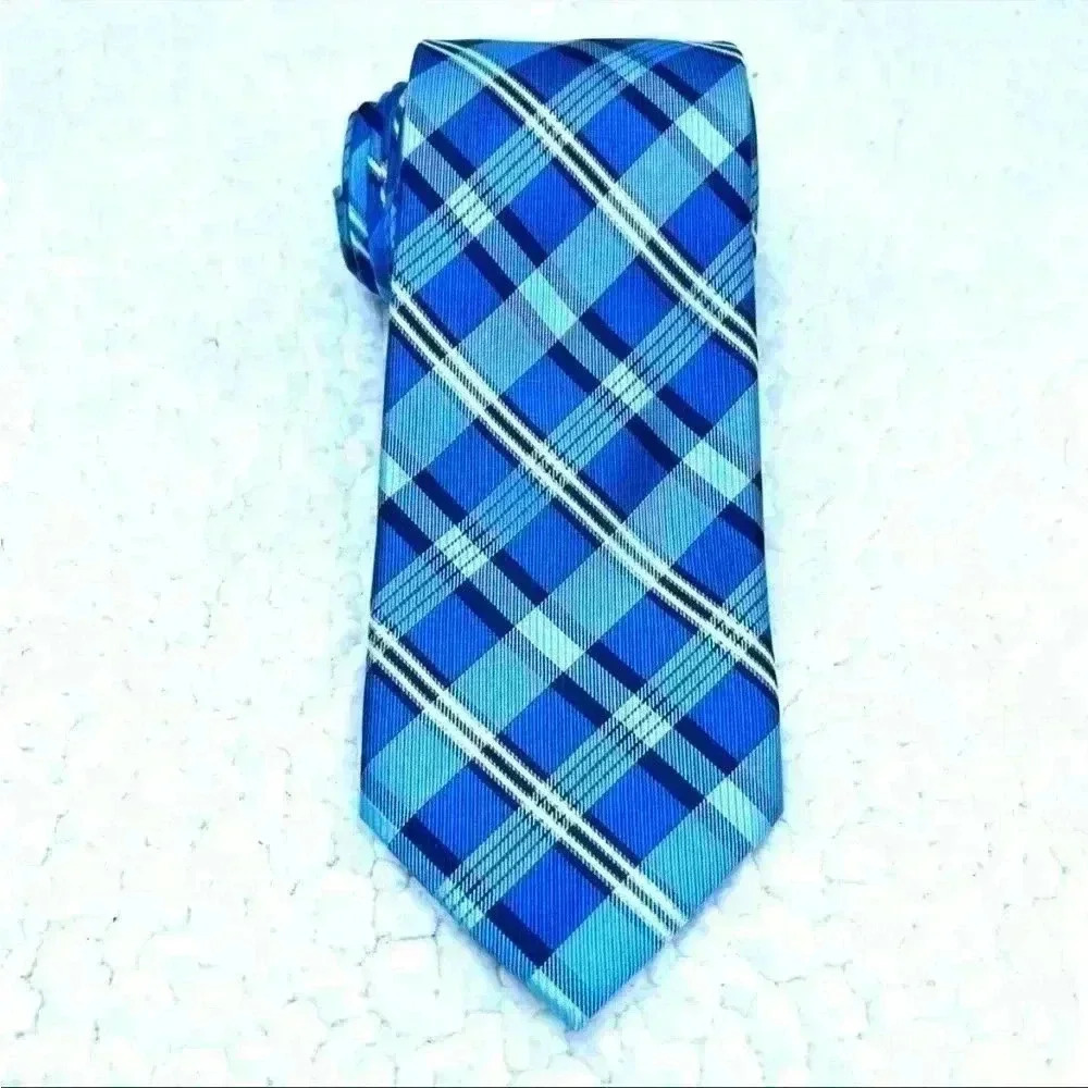 Nautica Blue‎ & White Checkered Plaid Mens 100% Silk Necktie
